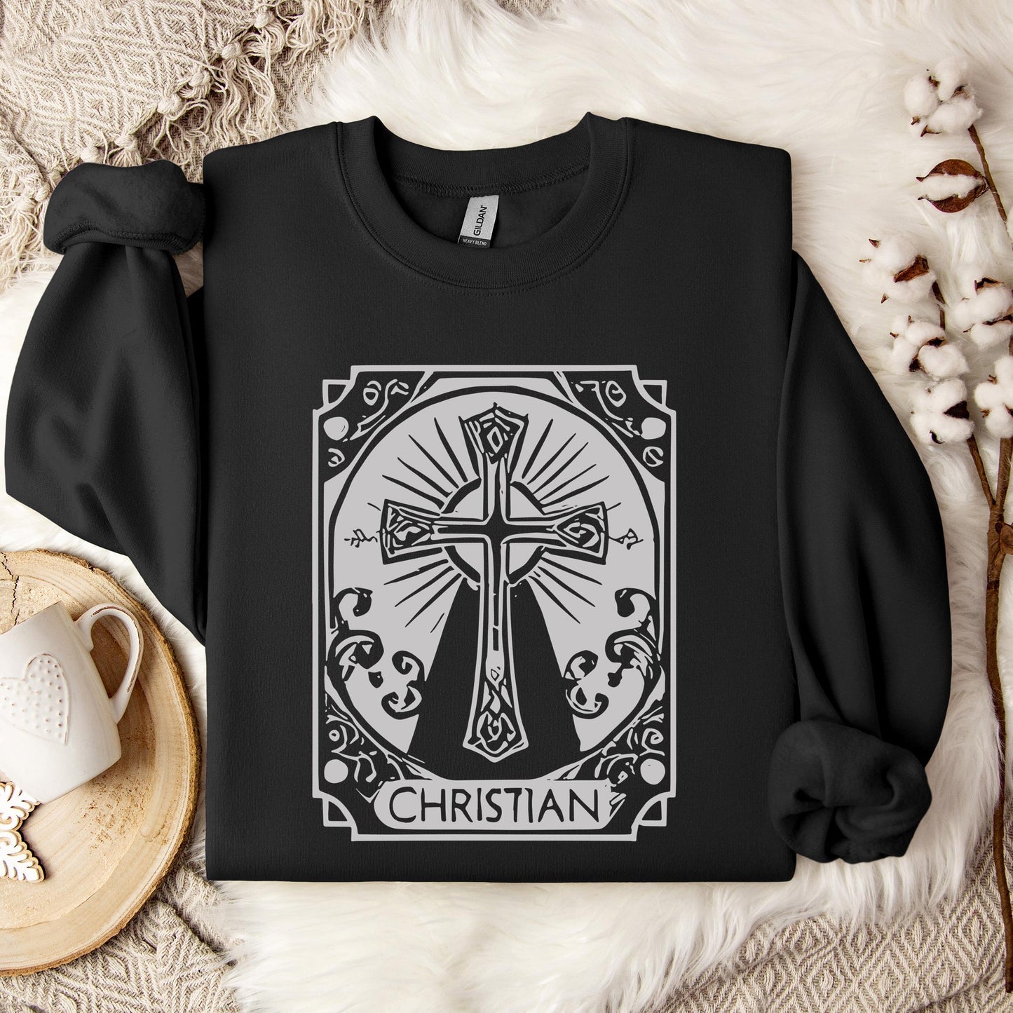 Ornate Silver Grey Cross Christian Sweatshirt