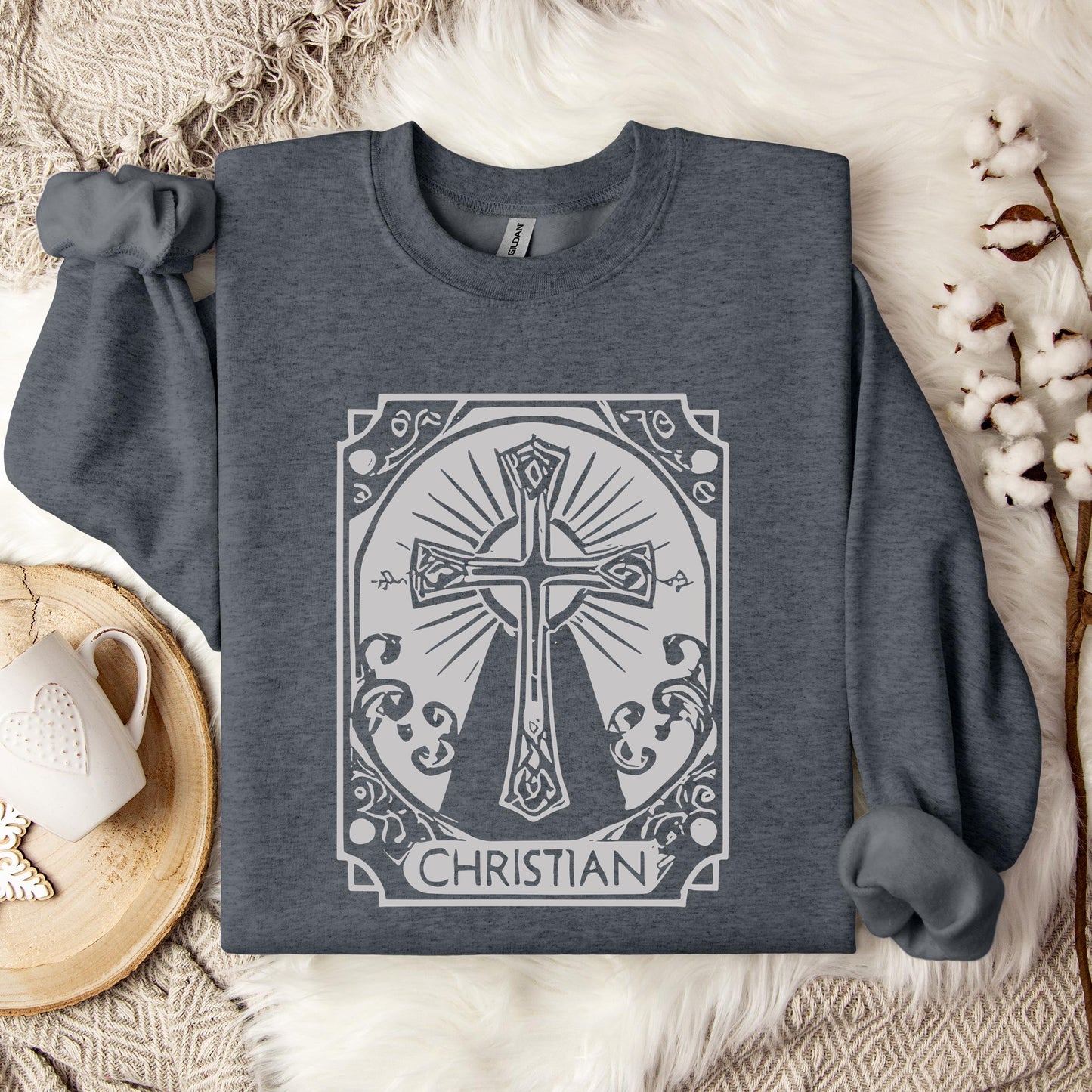 Ornate Silver Grey Cross Christian Sweatshirt