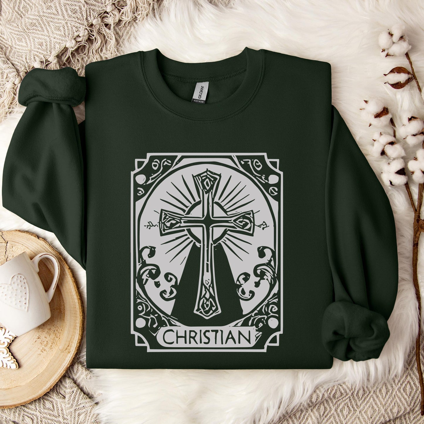 Ornate Silver Grey Cross Christian Sweatshirt