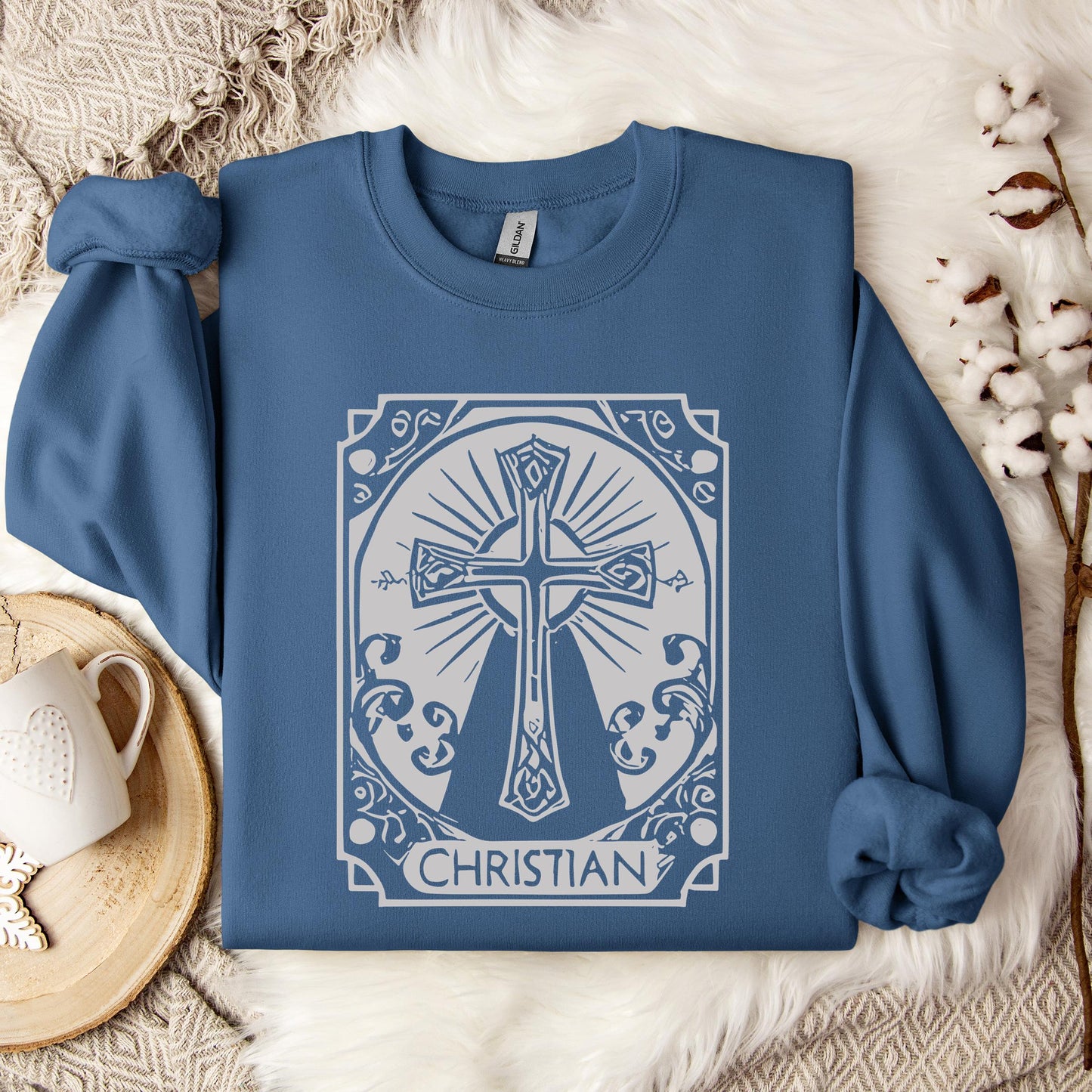 Ornate Silver Grey Cross Christian Sweatshirt
