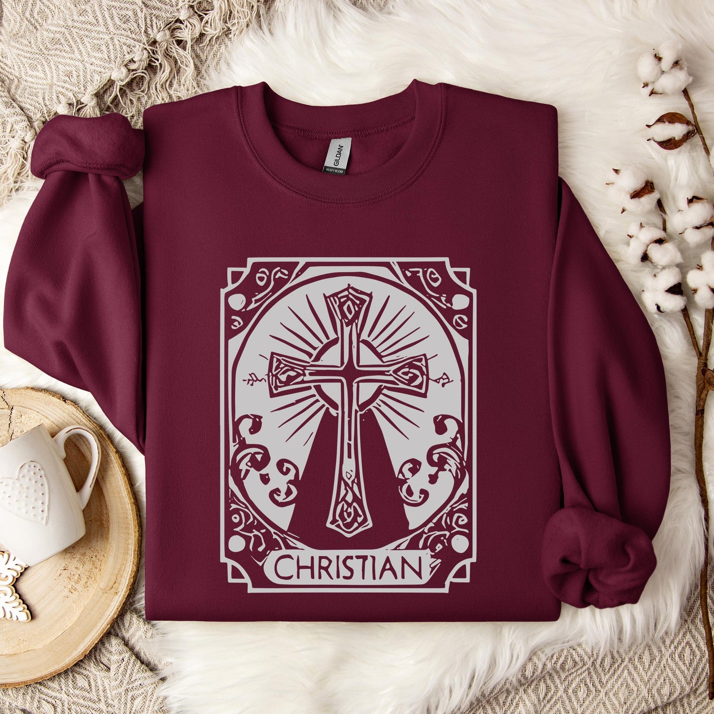 Ornate Silver Grey Cross Christian Sweatshirt