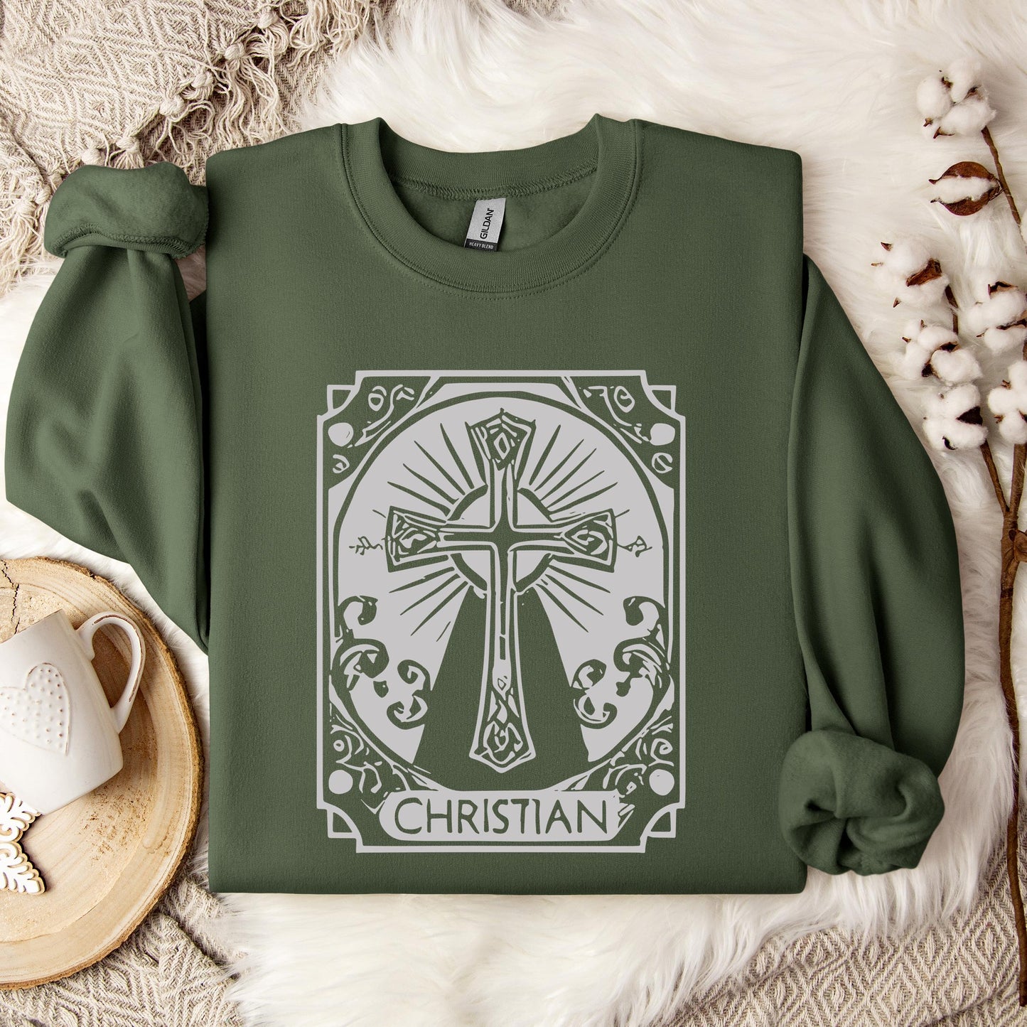 Ornate Silver Grey Cross Christian Sweatshirt