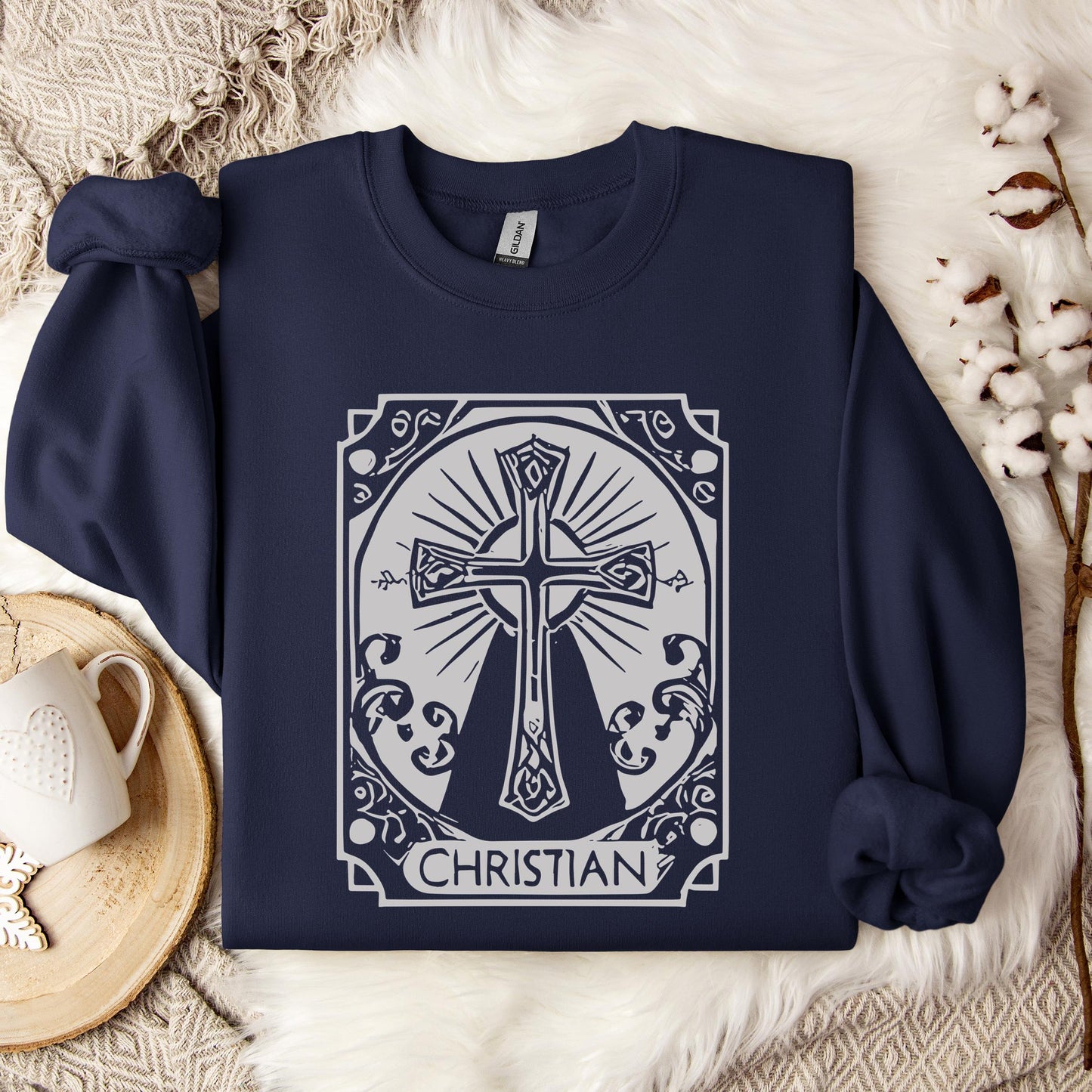 Ornate Silver Grey Cross Christian Sweatshirt