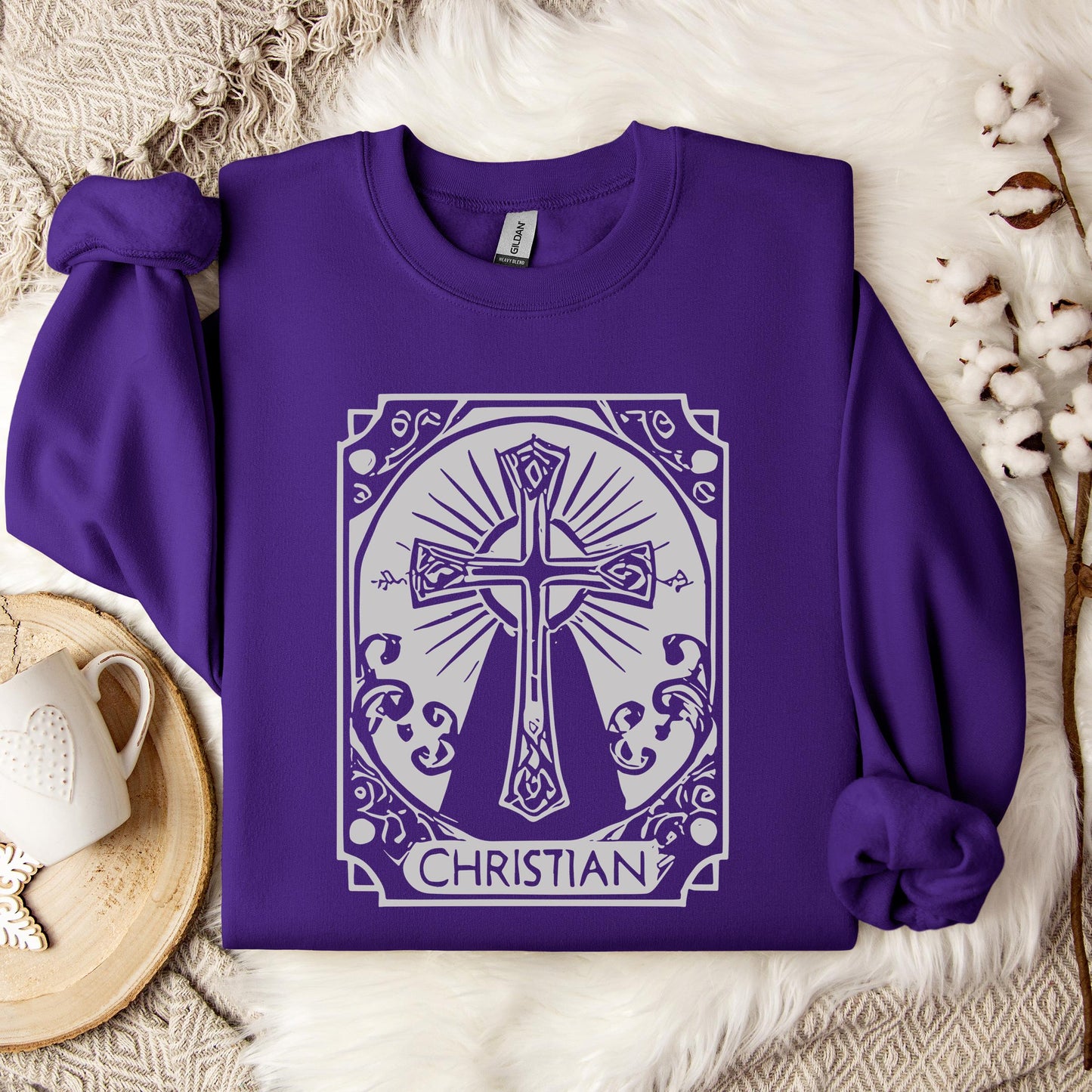 Ornate Silver Grey Cross Christian Sweatshirt