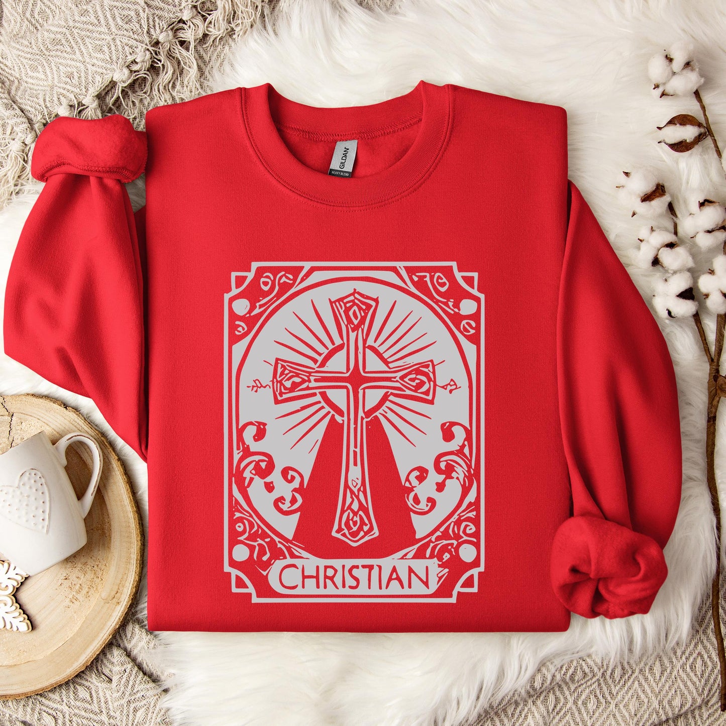 Ornate Silver Grey Cross Christian Sweatshirt