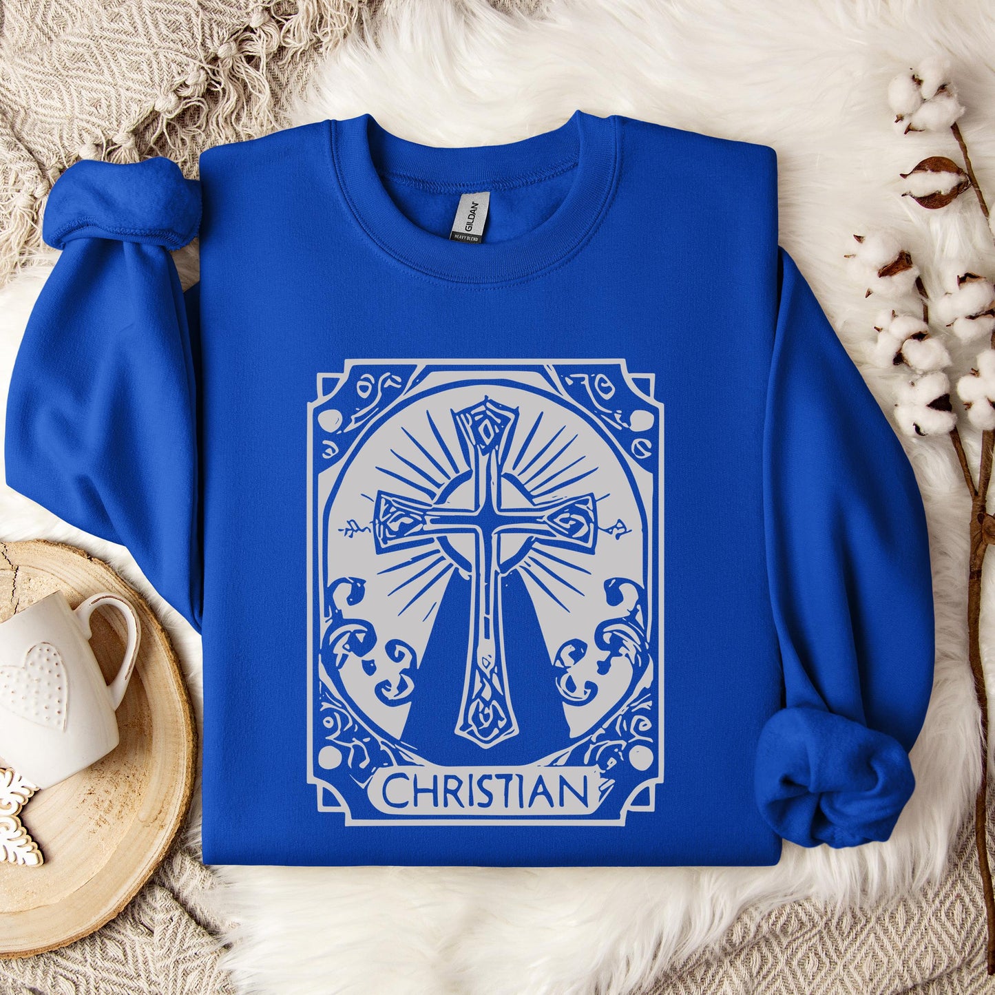 Ornate Silver Grey Cross Christian Sweatshirt