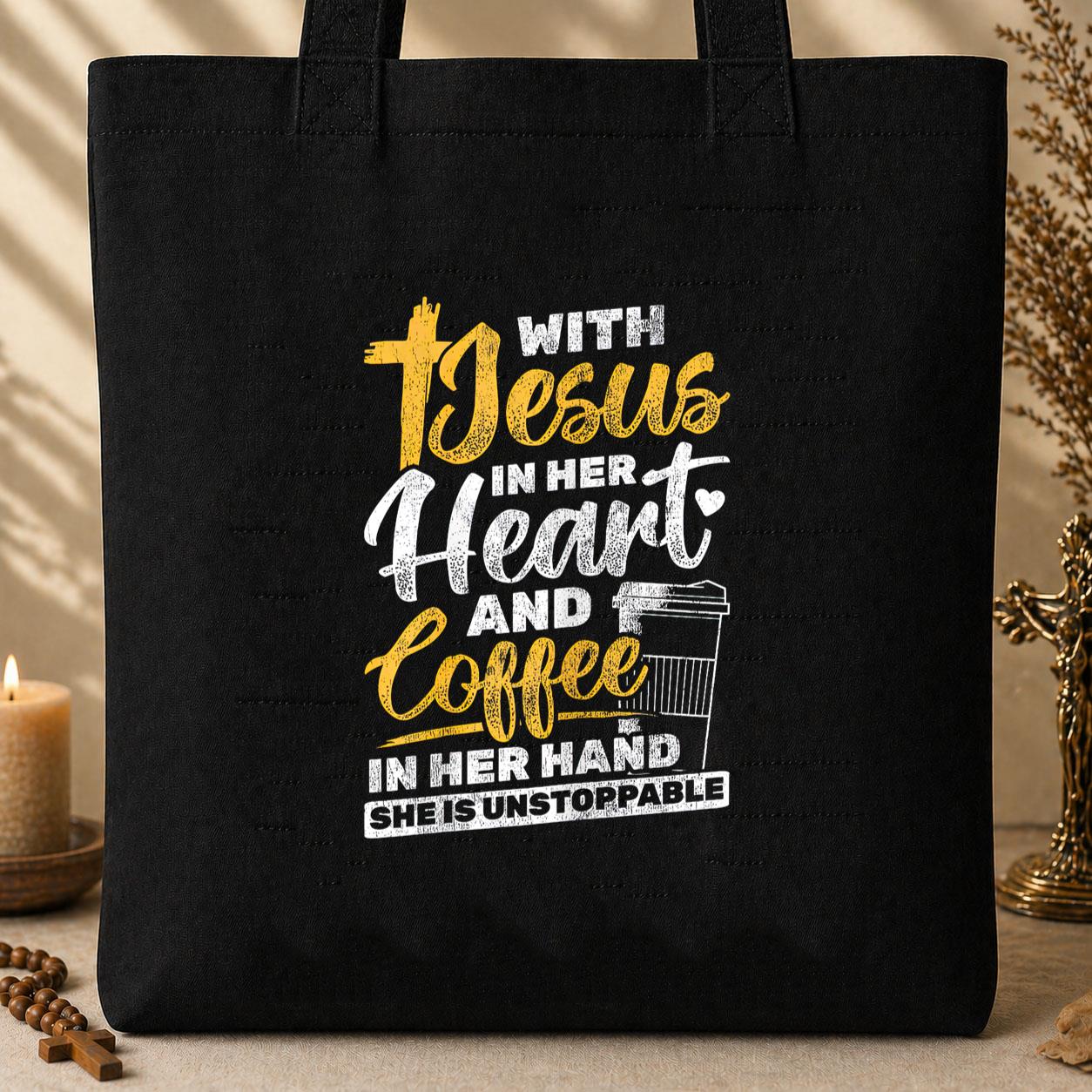 With Jesus In Her Heart And Coffee In Her Hand Tote Bag