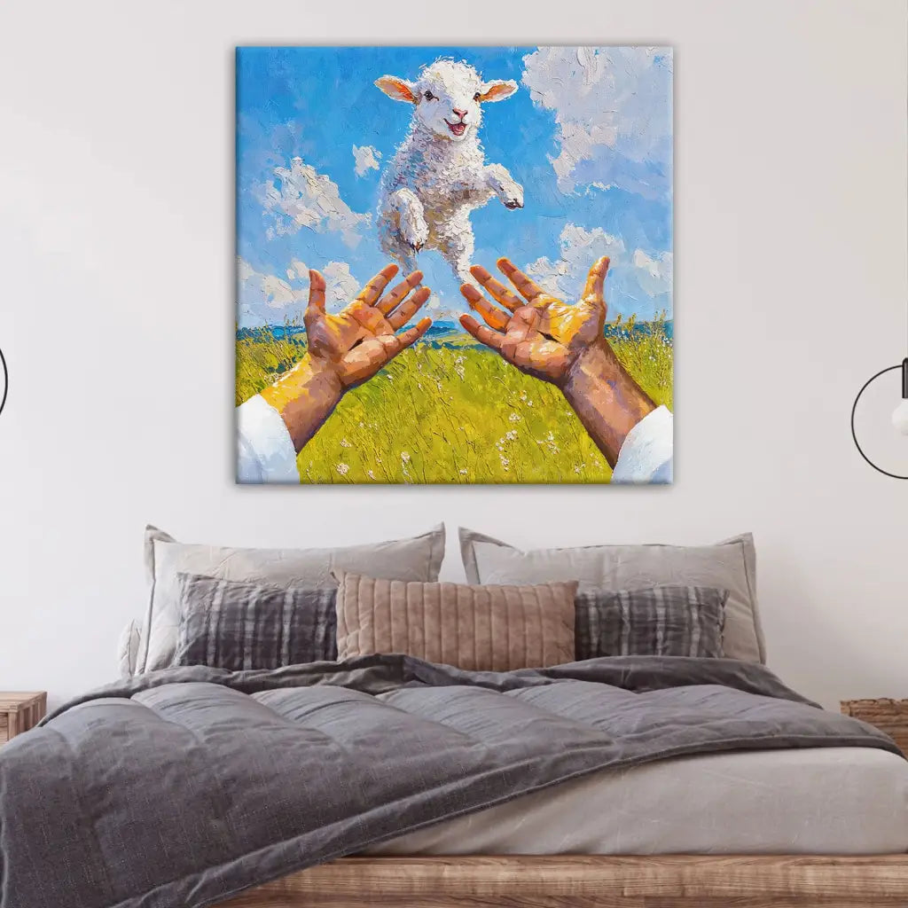 A Lamb Jumps Into Jesus' Arms Christian Wall Art Canvas