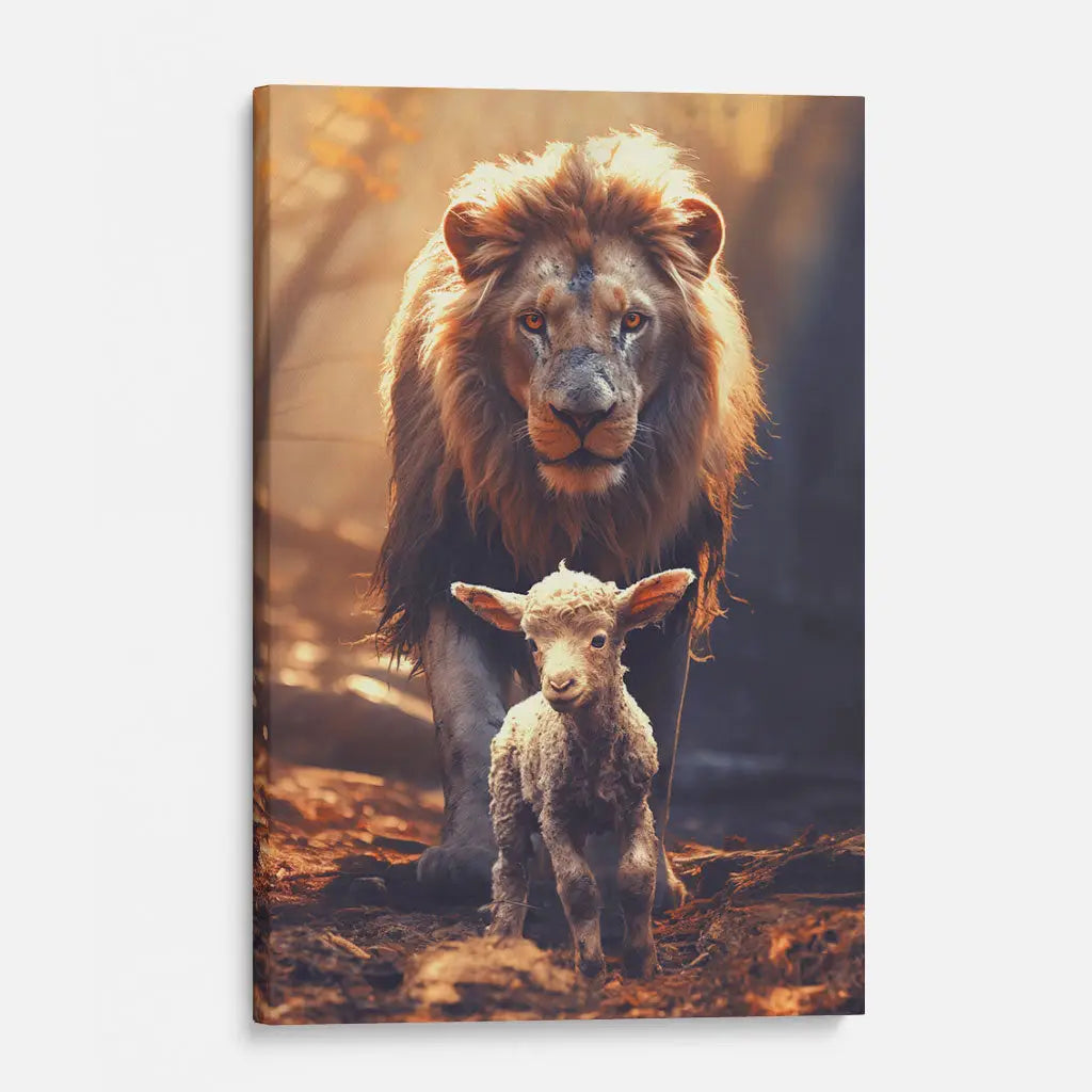 Lion And Lamb In The Forest Christian Wall Art Canvas Print