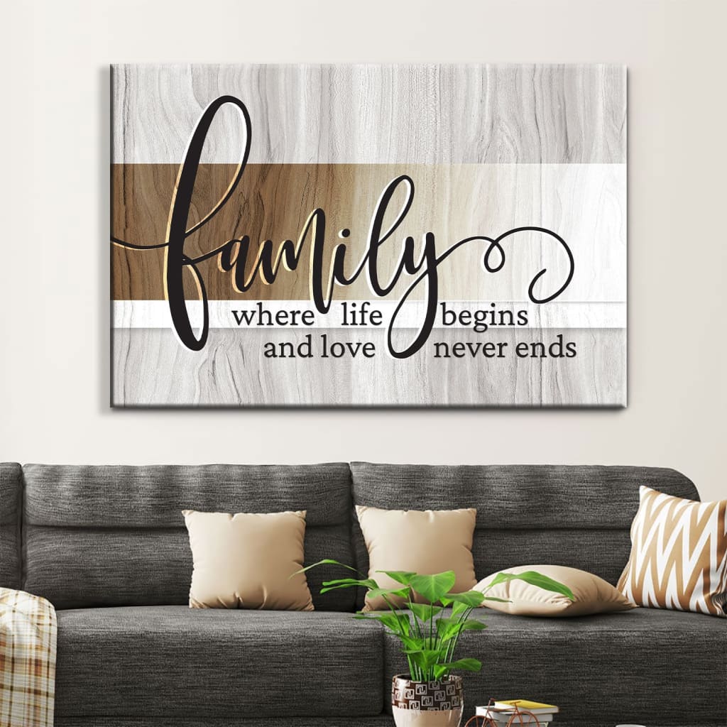 'Family Where Life Begins and Love Never Ends' Rustic Christian Wall Art Canvas