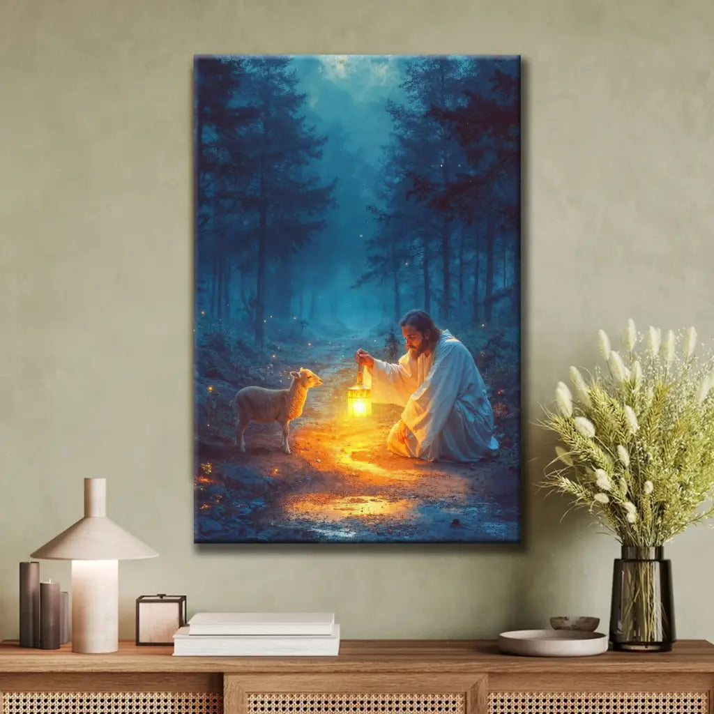 Jesus Rescues Lamb at Night Wall Art Canvas