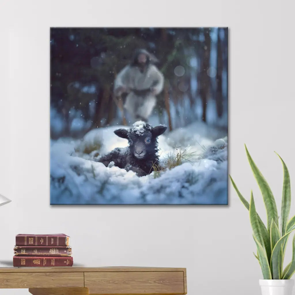 Jesus Running to Rescue a Lost Sheep in a Snowy Forest Wall Art Canvas