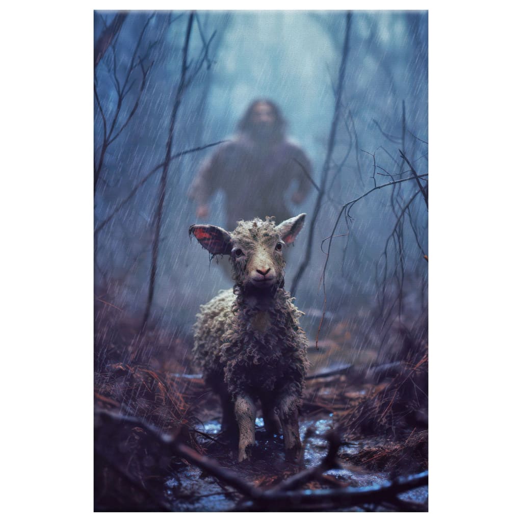 Christian Canvas Print - Jesus Running Toward a Lost Lamb in a Dark Rainy Forest Wall Art