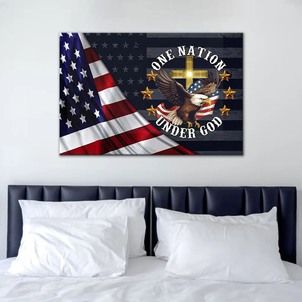 One Nation Under God, Bald Eagle American Flag Cross, Wall Art Canvas