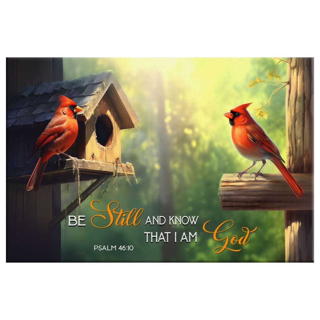 Psalm 46:10 Wall Art – "Be Still and Know That I Am God" Canvas with Cardinal Couple