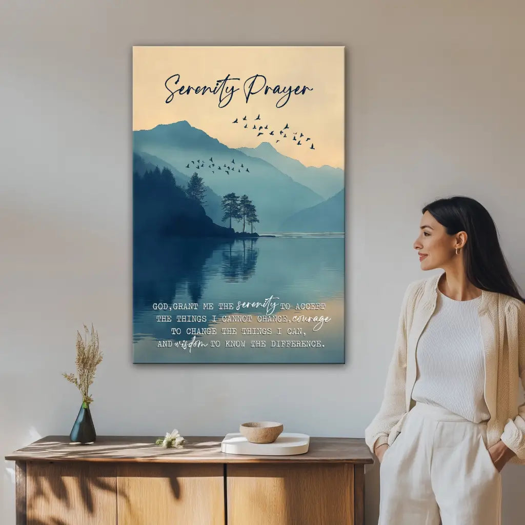 Christian Wall Art - Serenity Prayer Canvas – Peaceful Mountain Lake Decor for Home
