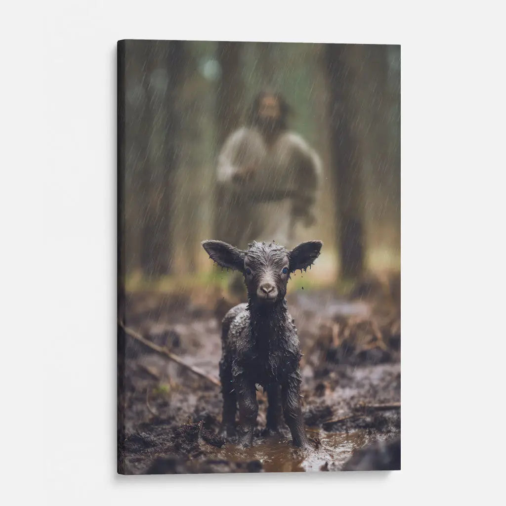 Christian Wall Art - Jesus Runs After His Lost Sheep in the Rainy Forest Canvas