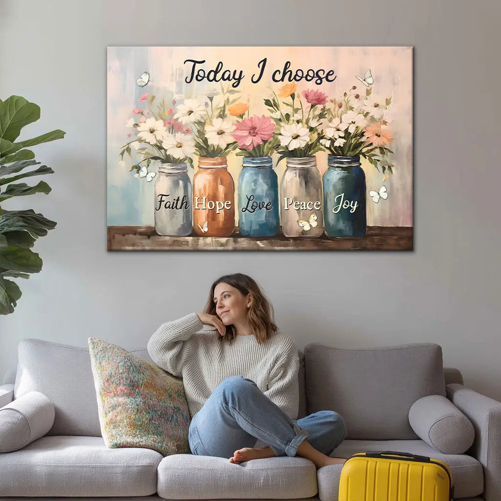 Today I Choose Faith Hope Love Peace Joy, Mason Jar Flowers, Wall Art Canvas
