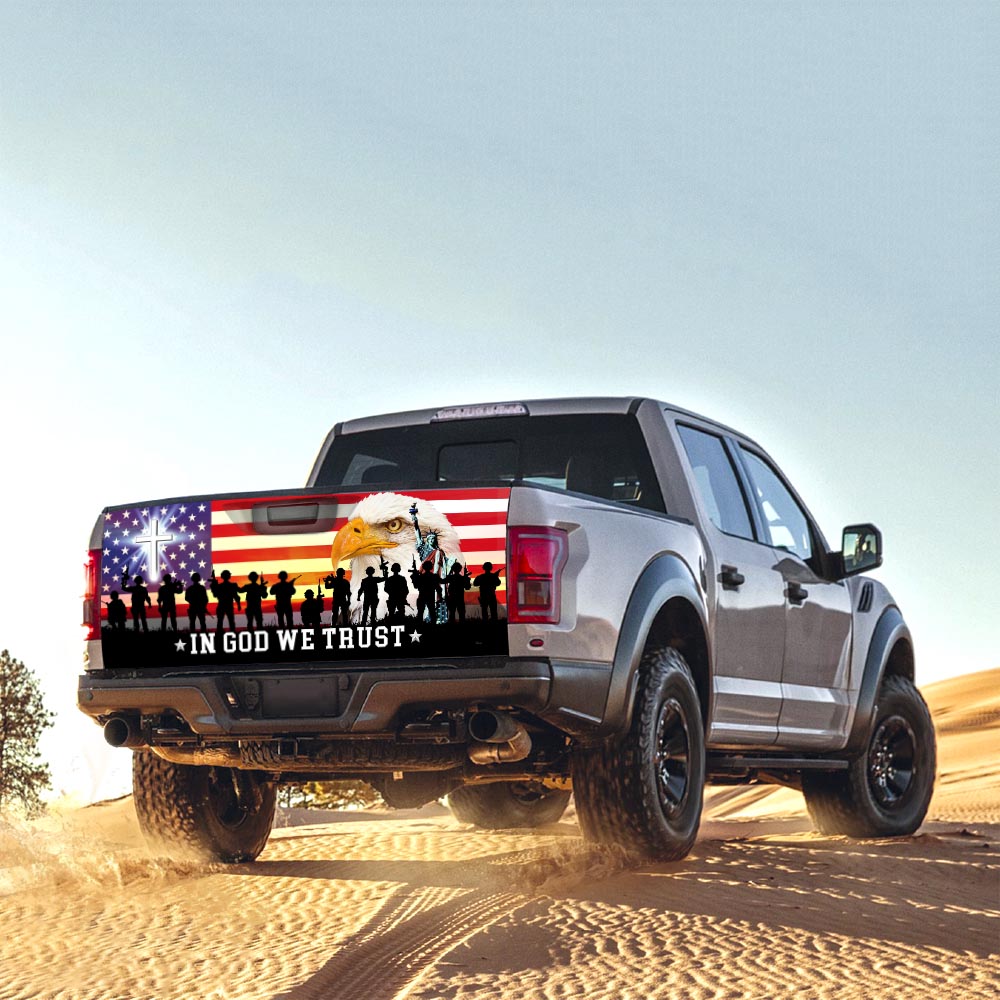 In God We Trust Christian Cross Veterans Day American Eagle Truck Tailgate Decal Wrap