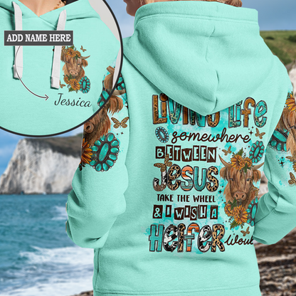 Living Life Somewhere Between Jesus Cow Women's All Over Print Hoodie