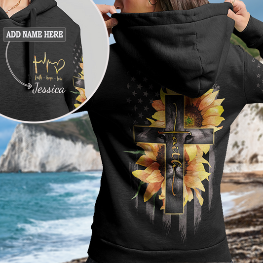 Faith Lion Cross Flag Women's All Over Print Hoodie