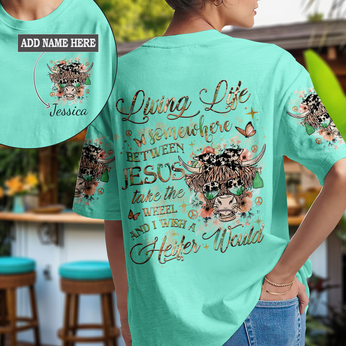 Living Life Somewhere Between Jesus Cow T-Shirt 2