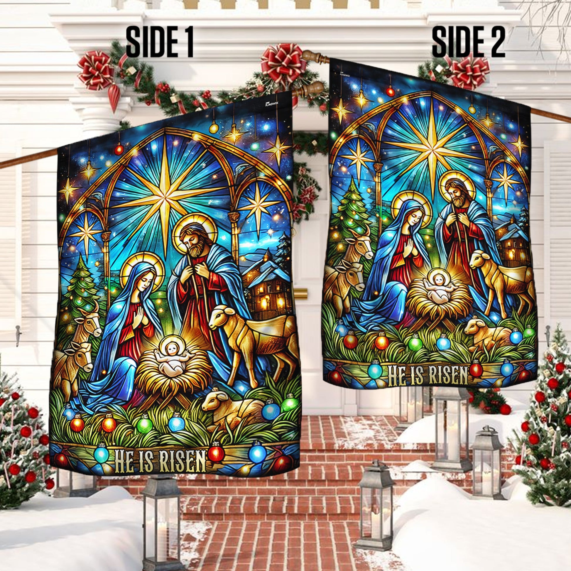 Nativity of Jesus Stained Glass Christmas He Is Risen Flag