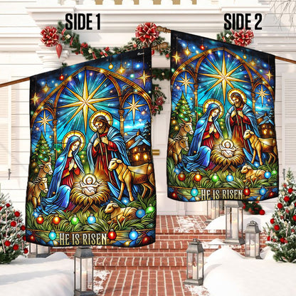 Nativity of Jesus Stained Glass Christmas He Is Risen Flag