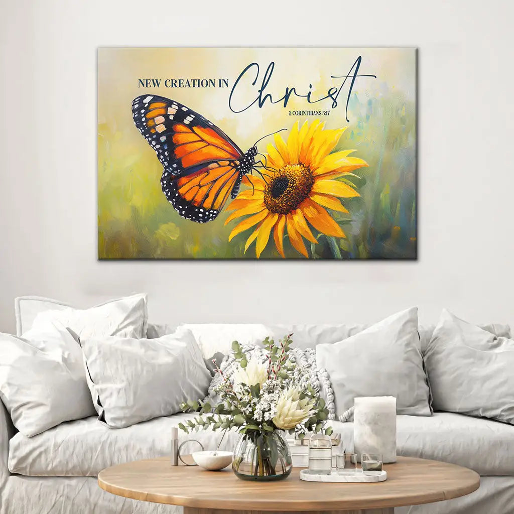 2 Corinthians 5:17 New Creation in Christ, Butterfly Sunflower, Christian Wall Art Canvas