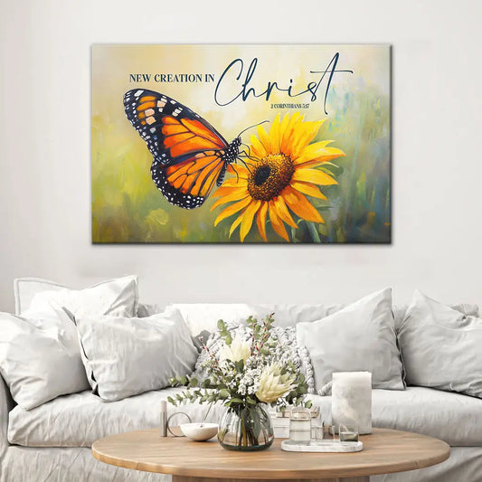 2 Corinthians 5:17 New Creation in Christ, Butterfly Sunflower, Christian Wall Art Canvas