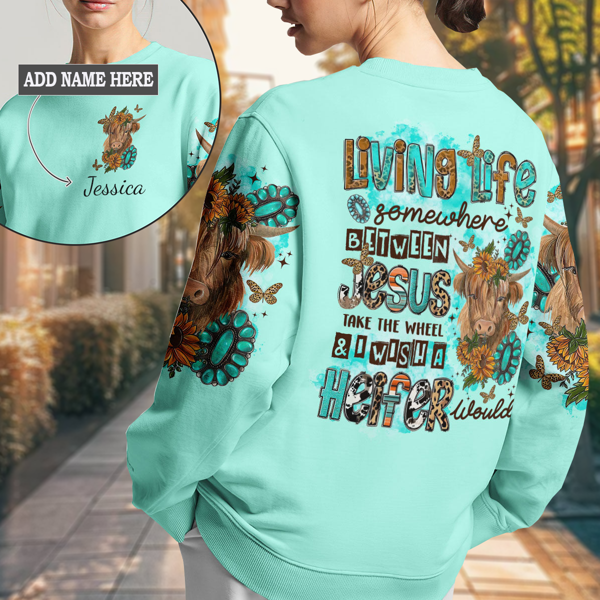 Living Life Somewhere Between Jesus Cow Women's All Over Print Sweatshirt