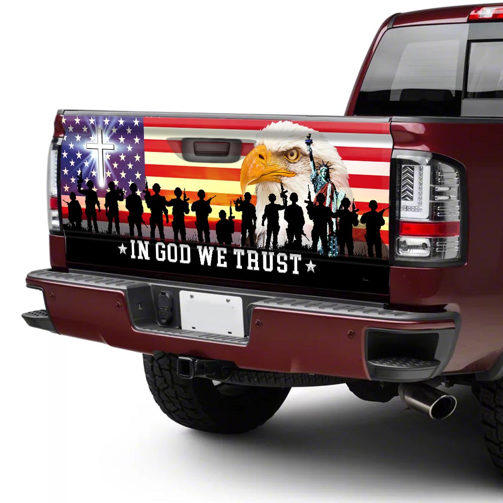 In God We Trust Christian Cross Veterans Day American Eagle Truck Tailgate Decal Wrap