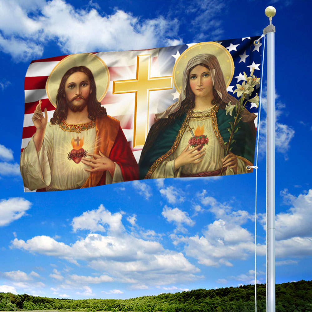 Jesus And Mary Grommet Flag Two Loving Hearts