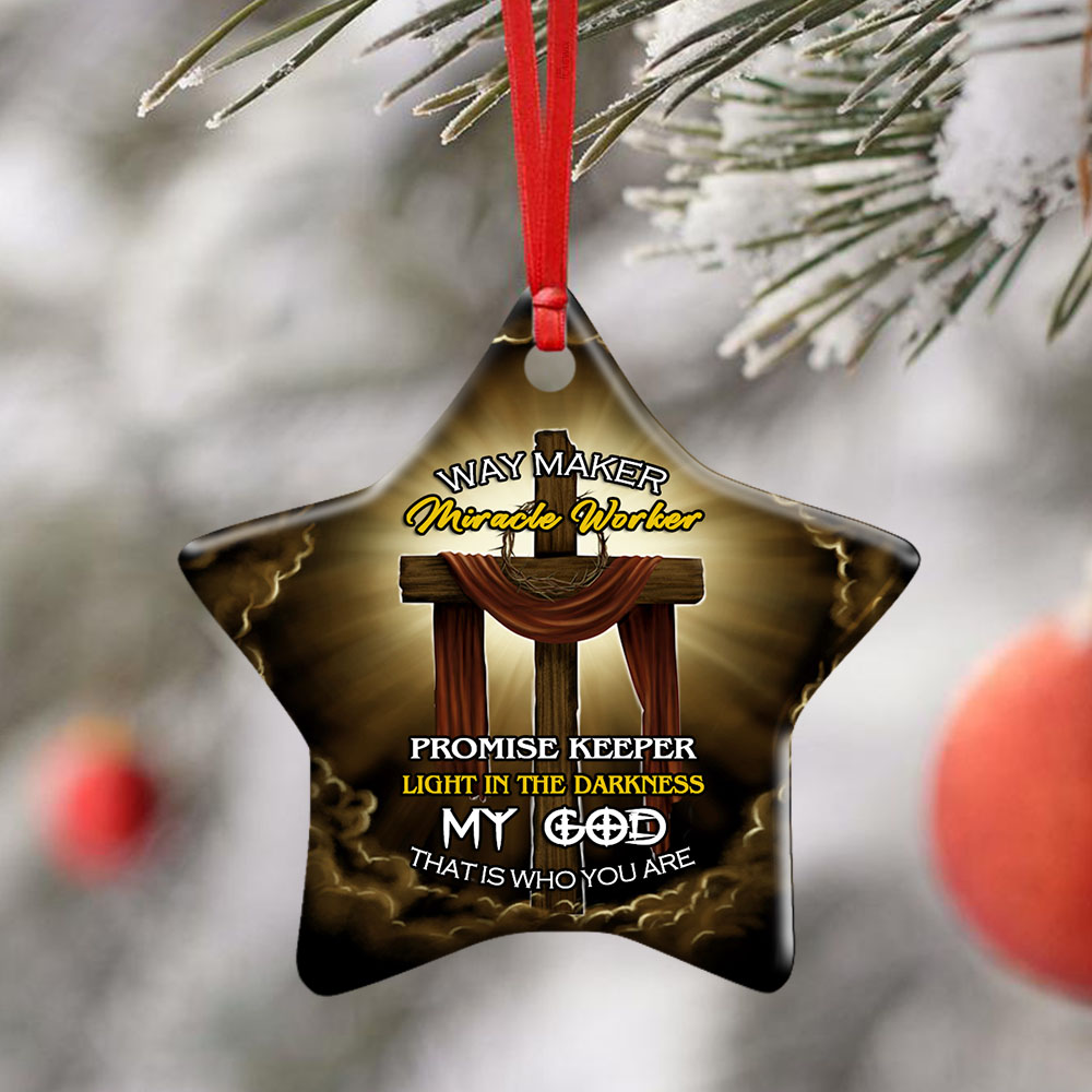 Christmas Ornament, Jesus Wooden Cross, Way Maker Miracle Worker Ceramic Ornament