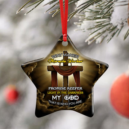 Christmas Ornament, Jesus Wooden Cross, Way Maker Miracle Worker Ceramic Ornament