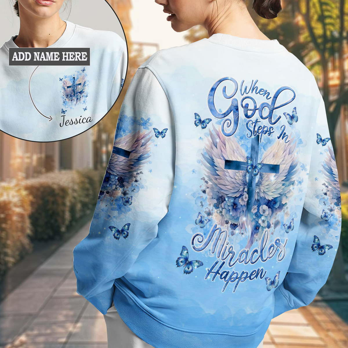 When God Steps In Miracles Happen Wings Women's All Over Print Sweatshirt 1