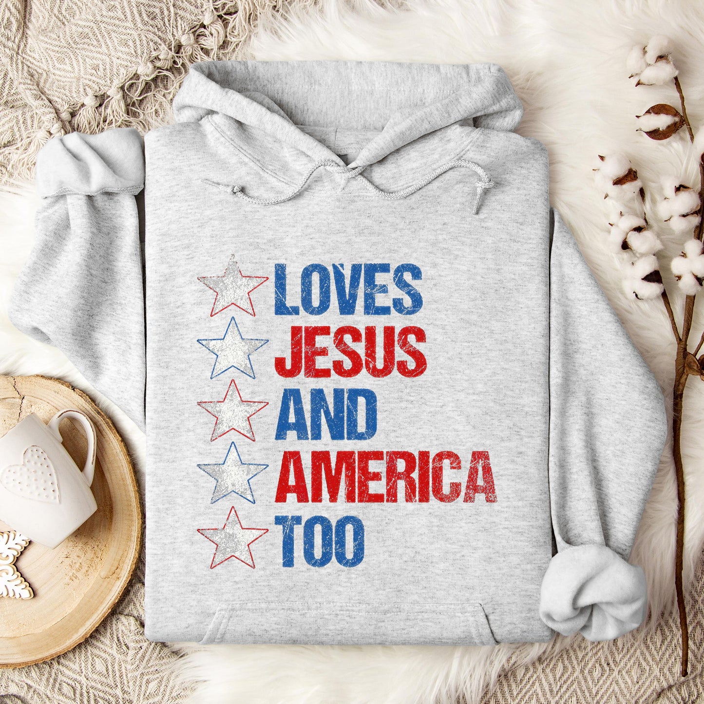 4th Of July Shirt Retro Loves Jesus and America Too Banner 1 Hoodie