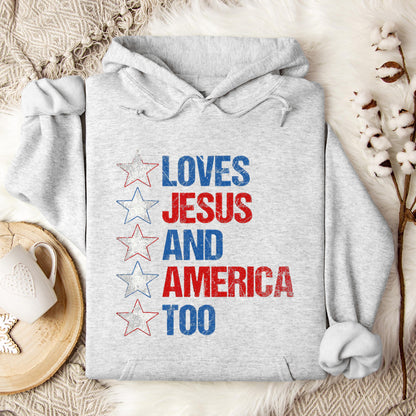 4th Of July Shirt Retro Loves Jesus and America Too Banner 1 Hoodie