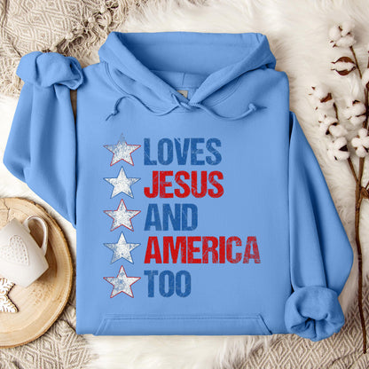 4th Of July Shirt Retro Loves Jesus and America Too Banner 1 Hoodie
