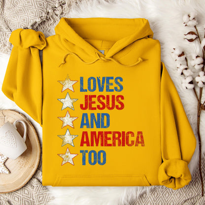 4th Of July Shirt Retro Loves Jesus and America Too Banner 1 Hoodie