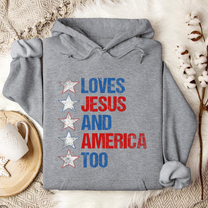 4th Of July Shirt Retro Loves Jesus and America Too Banner 1 Hoodie