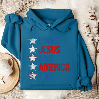 4th Of July Shirt Retro Loves Jesus and America Too Banner 1 Hoodie