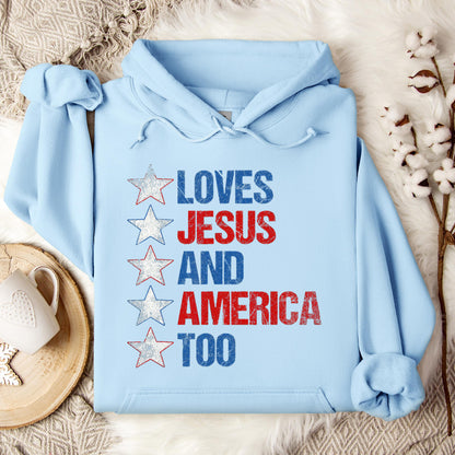 4th Of July Shirt Retro Loves Jesus and America Too Banner 1 Hoodie
