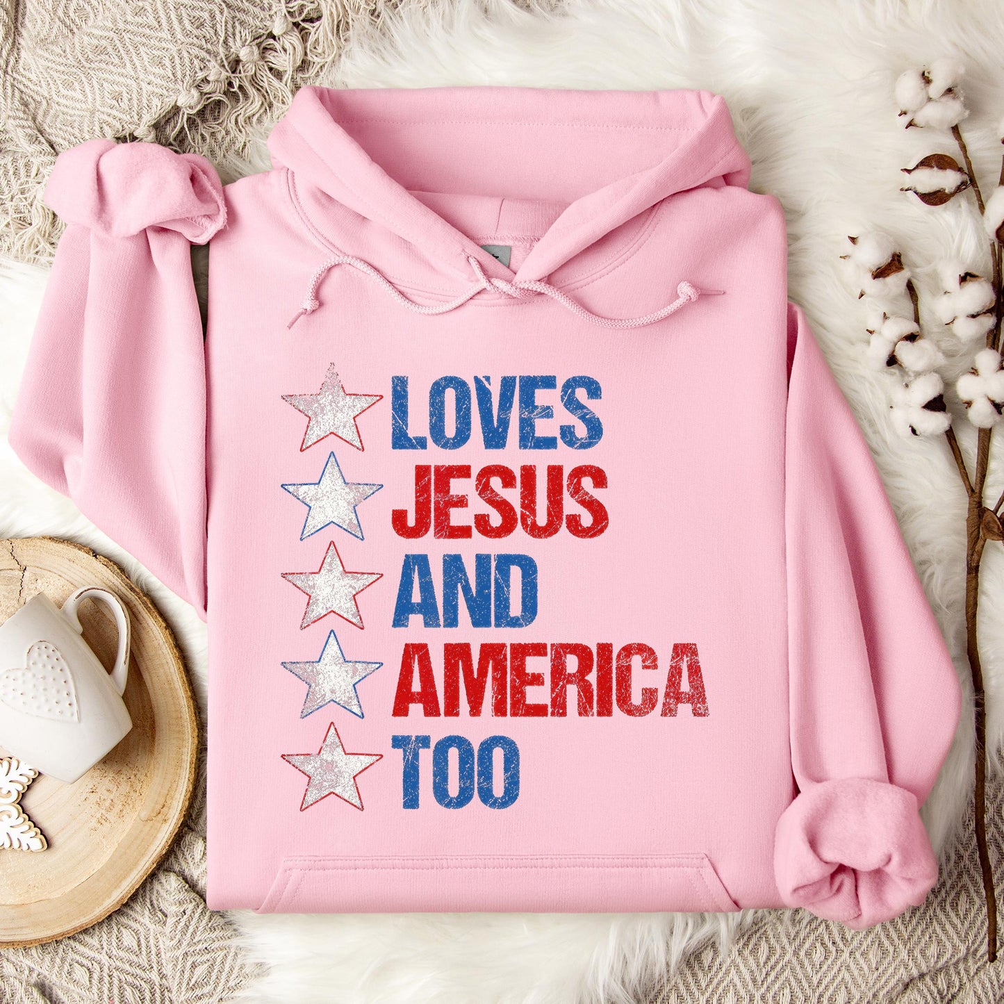 4th Of July Shirt Retro Loves Jesus and America Too Banner 1 Hoodie