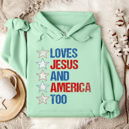 4th Of July Shirt Retro Loves Jesus and America Too Banner 1 Hoodie