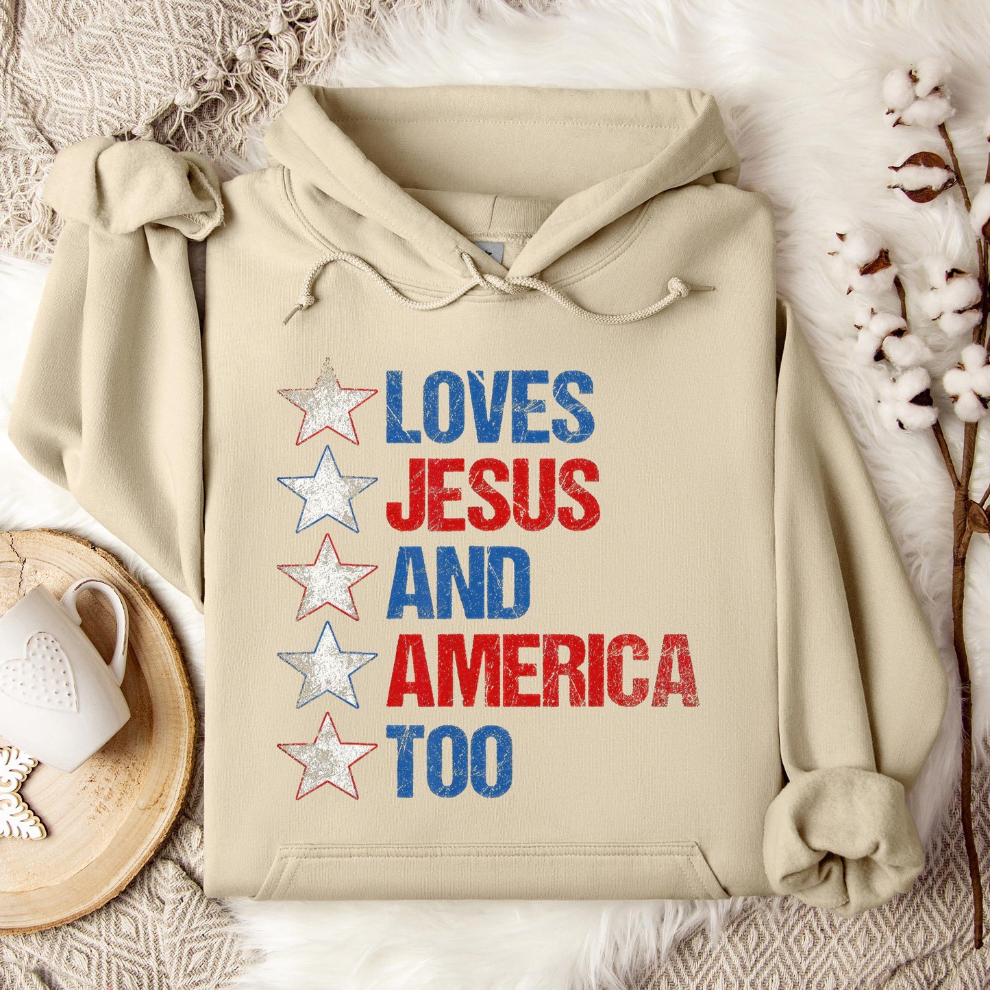 4th Of July Shirt Retro Loves Jesus and America Too Banner 1 Hoodie