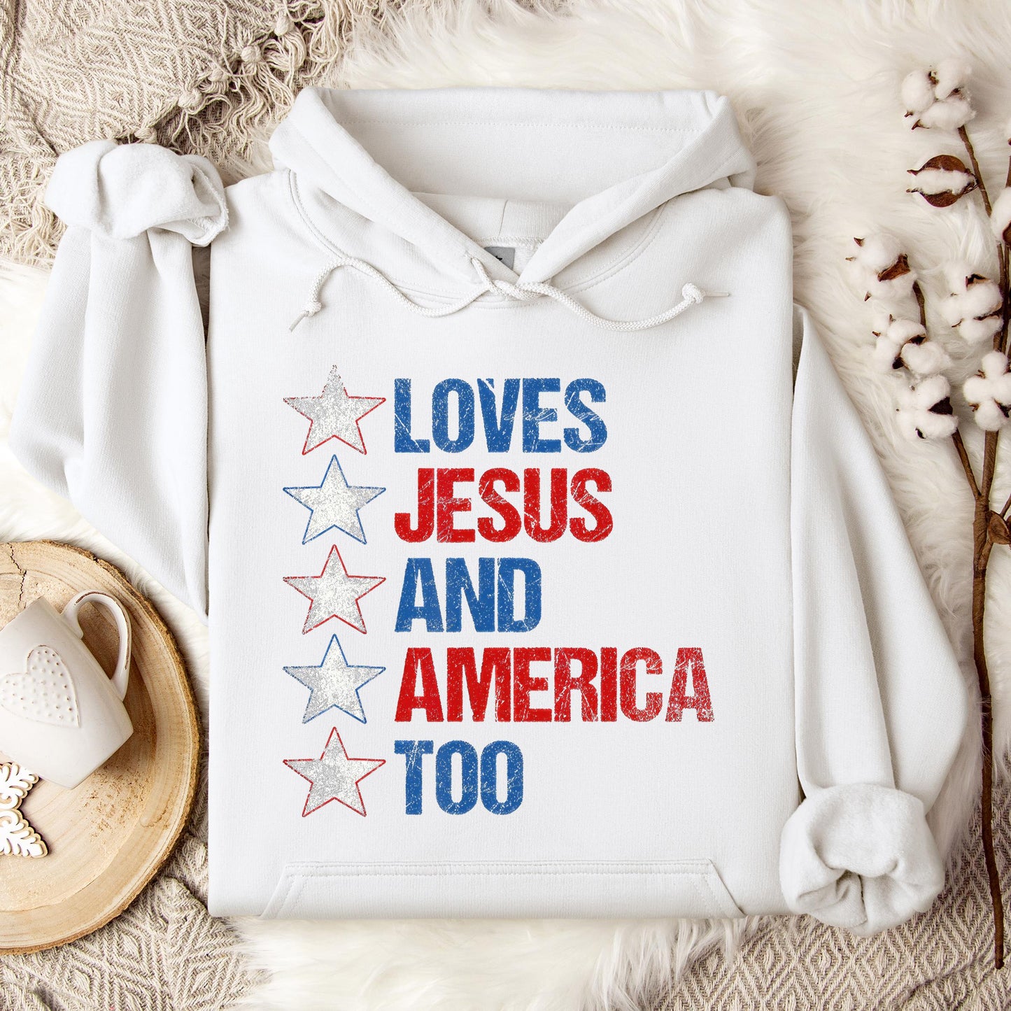 4th Of July Shirt Retro Loves Jesus and America Too Banner 1 Hoodie