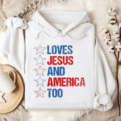 4th Of July Shirt Retro Loves Jesus and America Too Banner 1 Hoodie