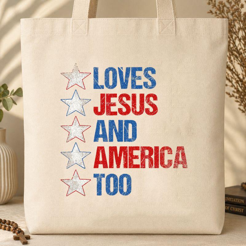 4th Of July Shirt Retro Loves Jesus and America Too Banner 1 Tote Bag