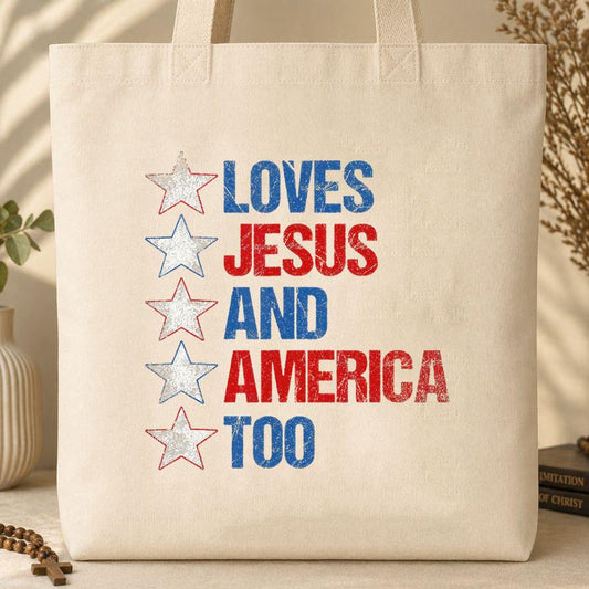4th Of July Shirt Retro Loves Jesus and America Too Banner 1 Tote Bag